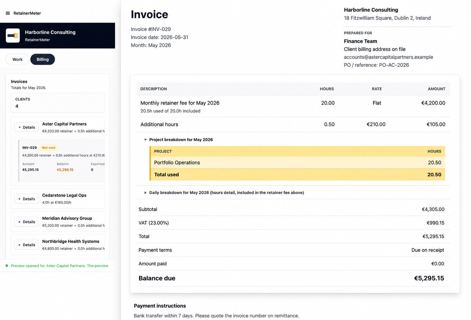 RetainerMeter Billing tab beside an invoice preview showing retainer fees, additional hours, VAT, payment terms, and balance due